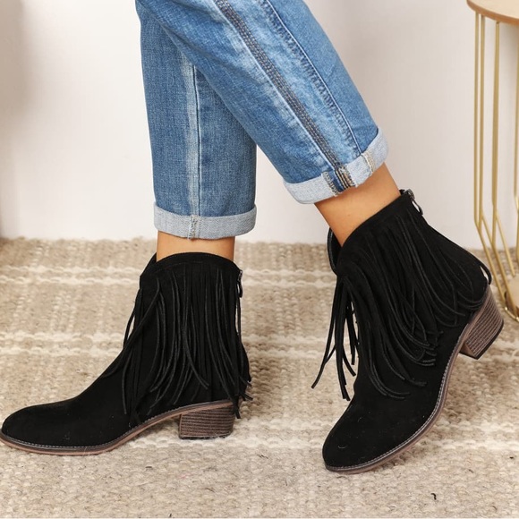 Classic Fringe Black Ankle Booties - Picture 7 of 8